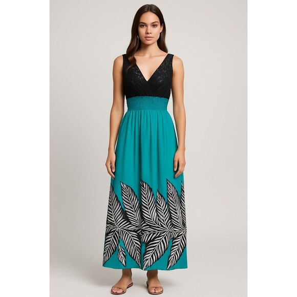 Turquoise Black Lace Leaf Print Maxi Dress Size M V Neck Smocked Waist -  www.threedaughtersproperties.com